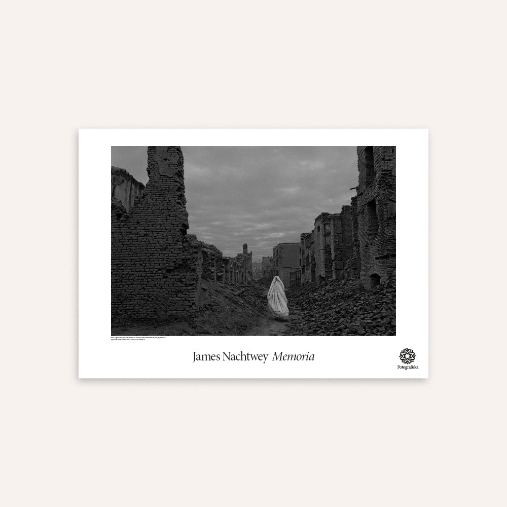 Black and white poster with a photograph of ruins by 'James Nachtwey Memoria'.