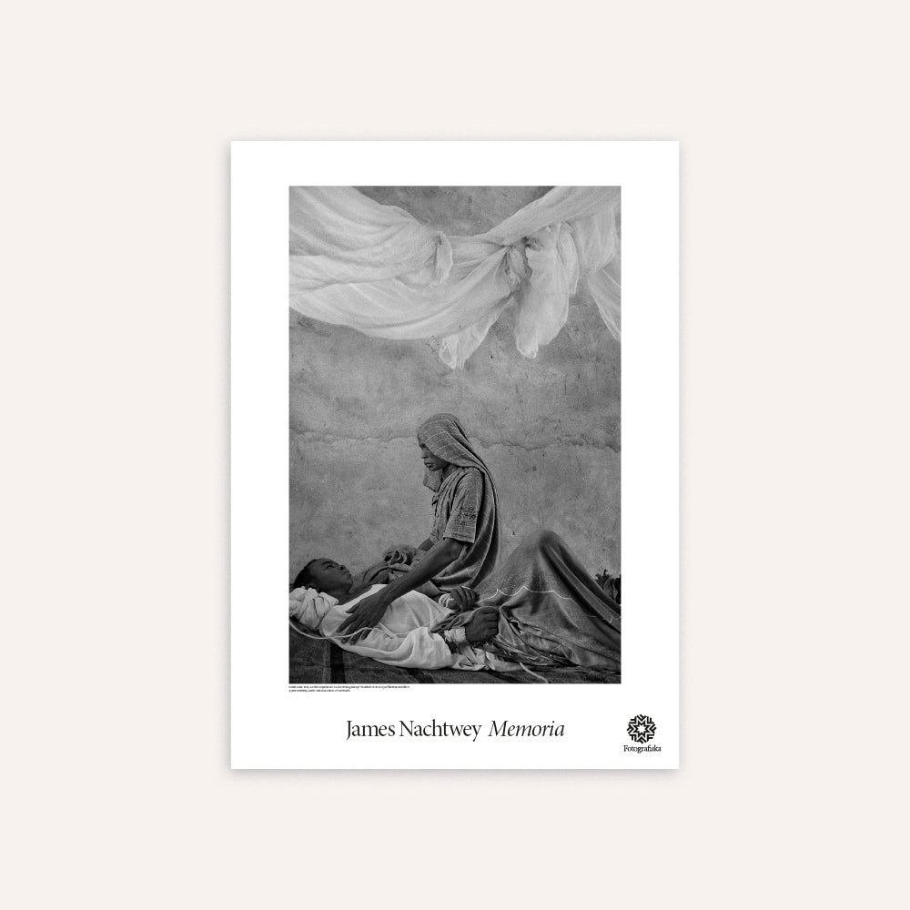 Poster with a black and white motif of a woman holding a child by 'James Nachtwey' 