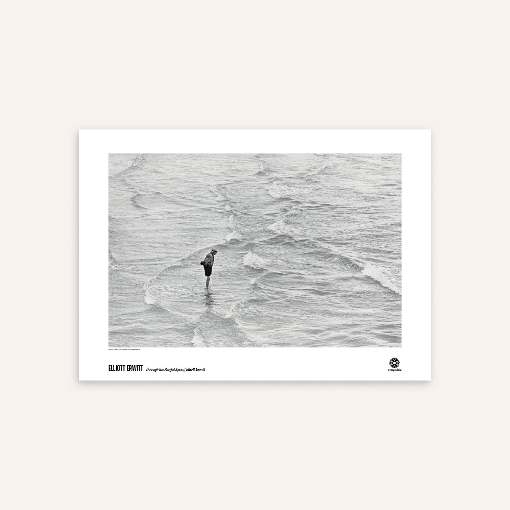 Poster with a black and white motif of a person standing in water with swirling patterns.