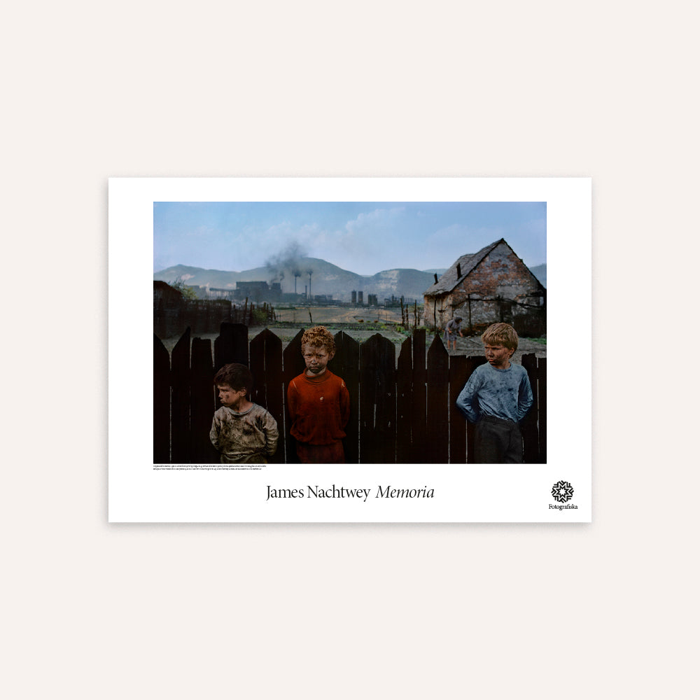Art print by James Nachtwey featuring three children in front of a fence.