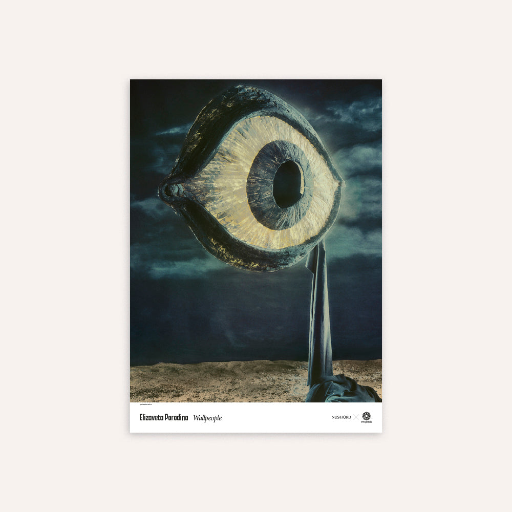 Poster showing a motif with a large eye-like sculpture against a dark sky.