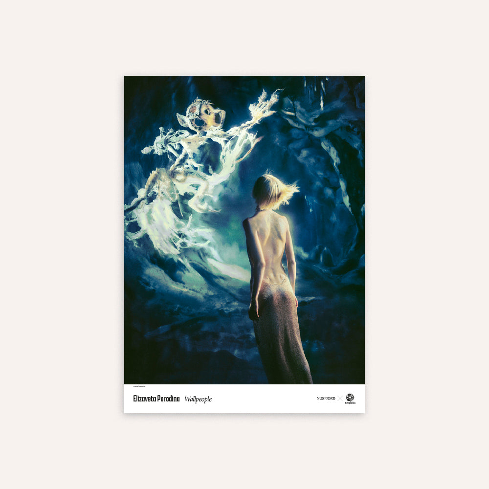 Poster with an artistic depiction of a nude figure with ethereal elements.