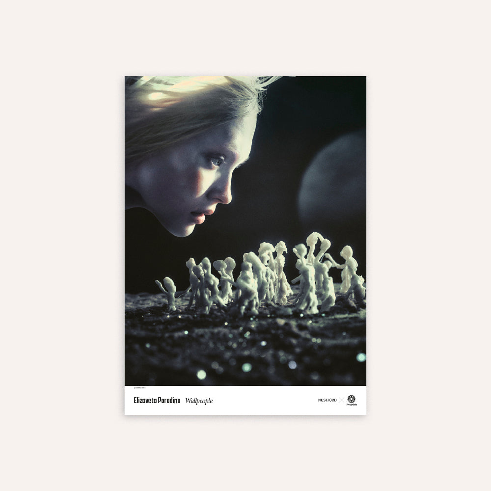 Poster of a woman looking at small figures on a dark background.