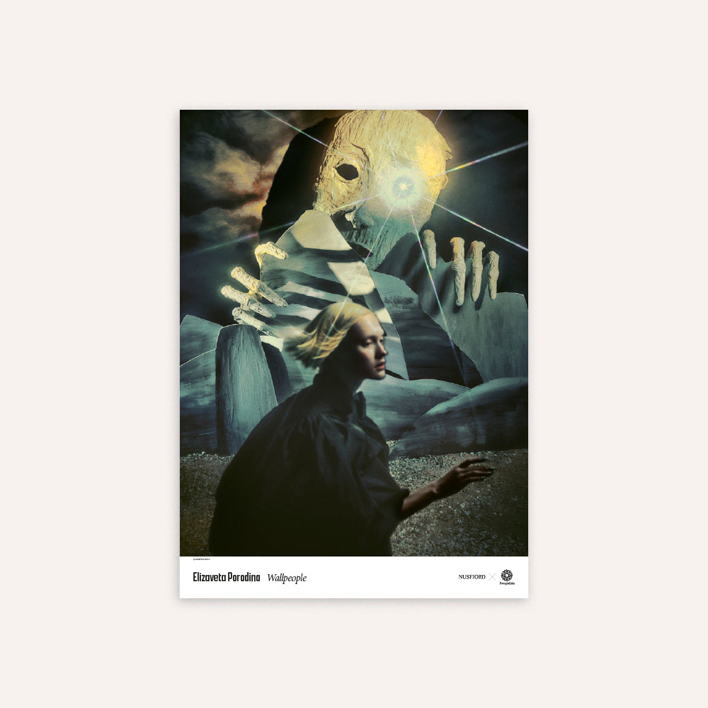 Poster with an artistic motif showing a person and abstract elements.