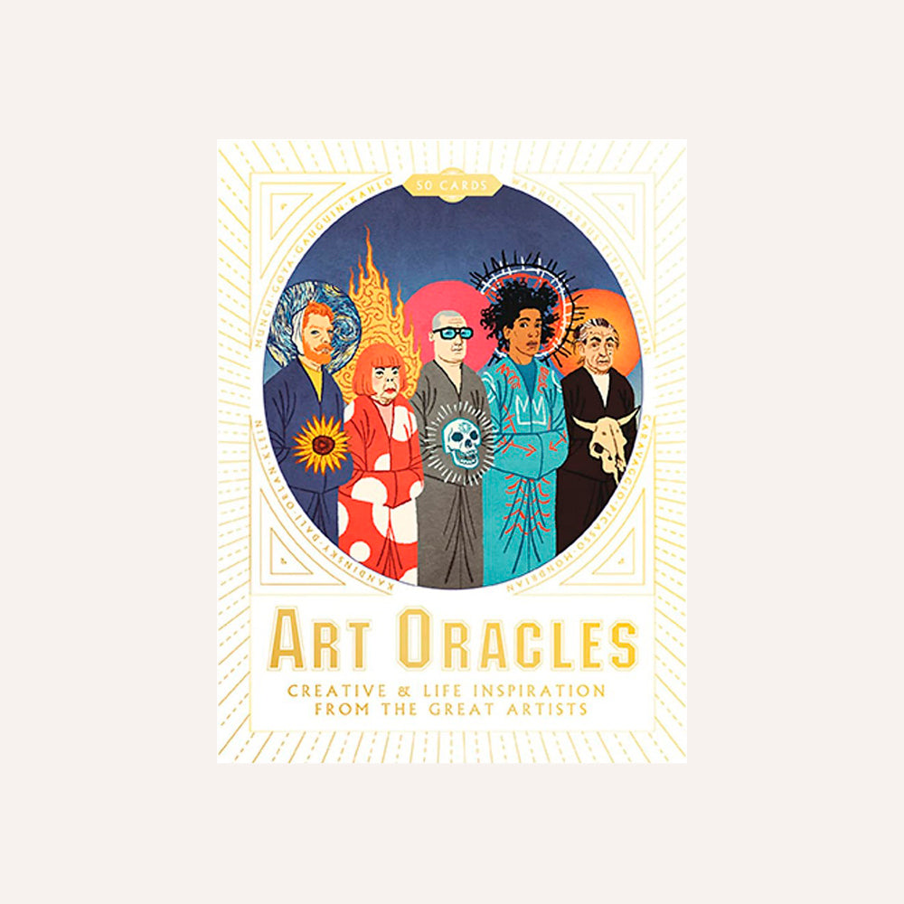 Card set of 'Art Oracles' with illustrations of people and artistic elements on a white background.