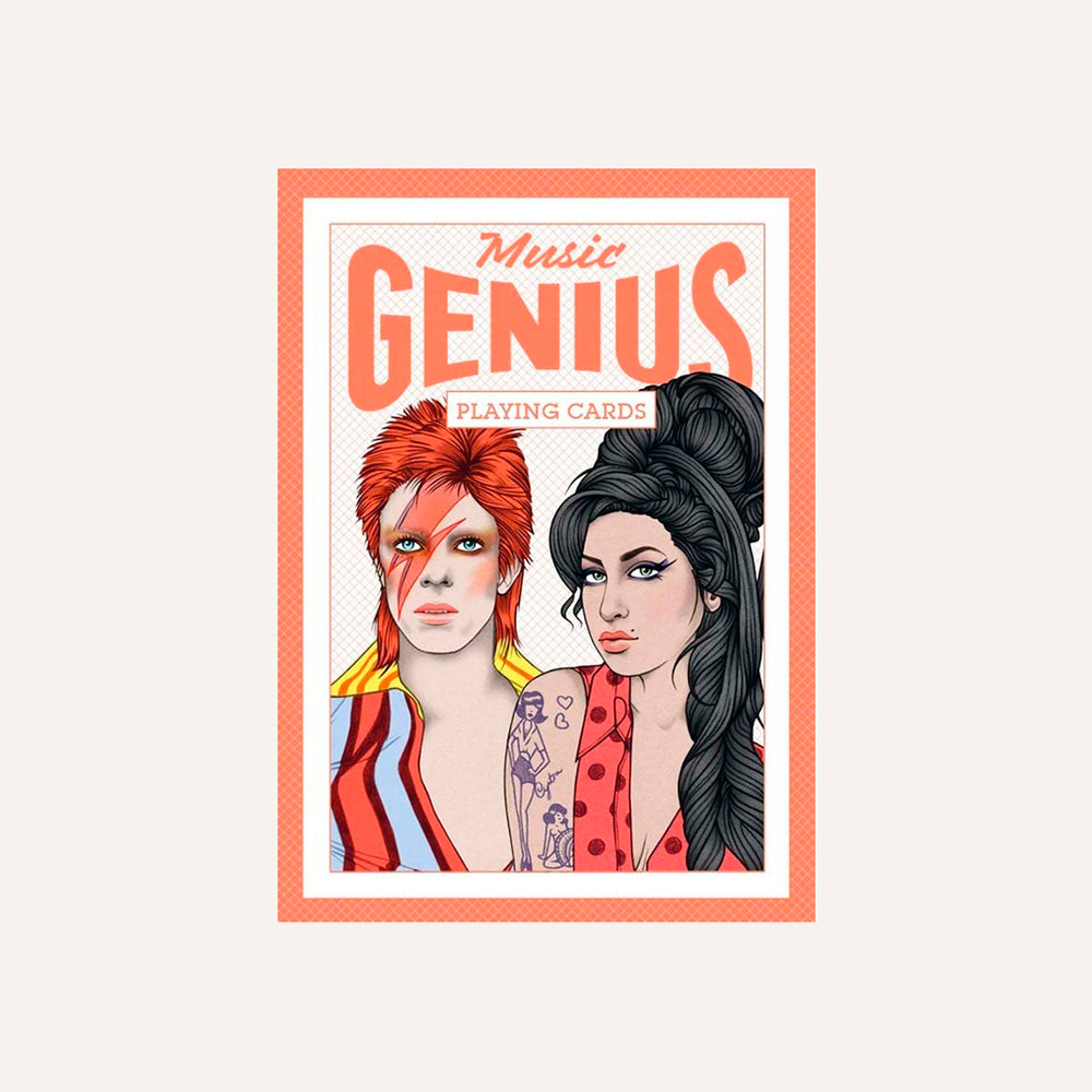 Playing card box with illustrations of two people and 'Music Genius' text on a white background