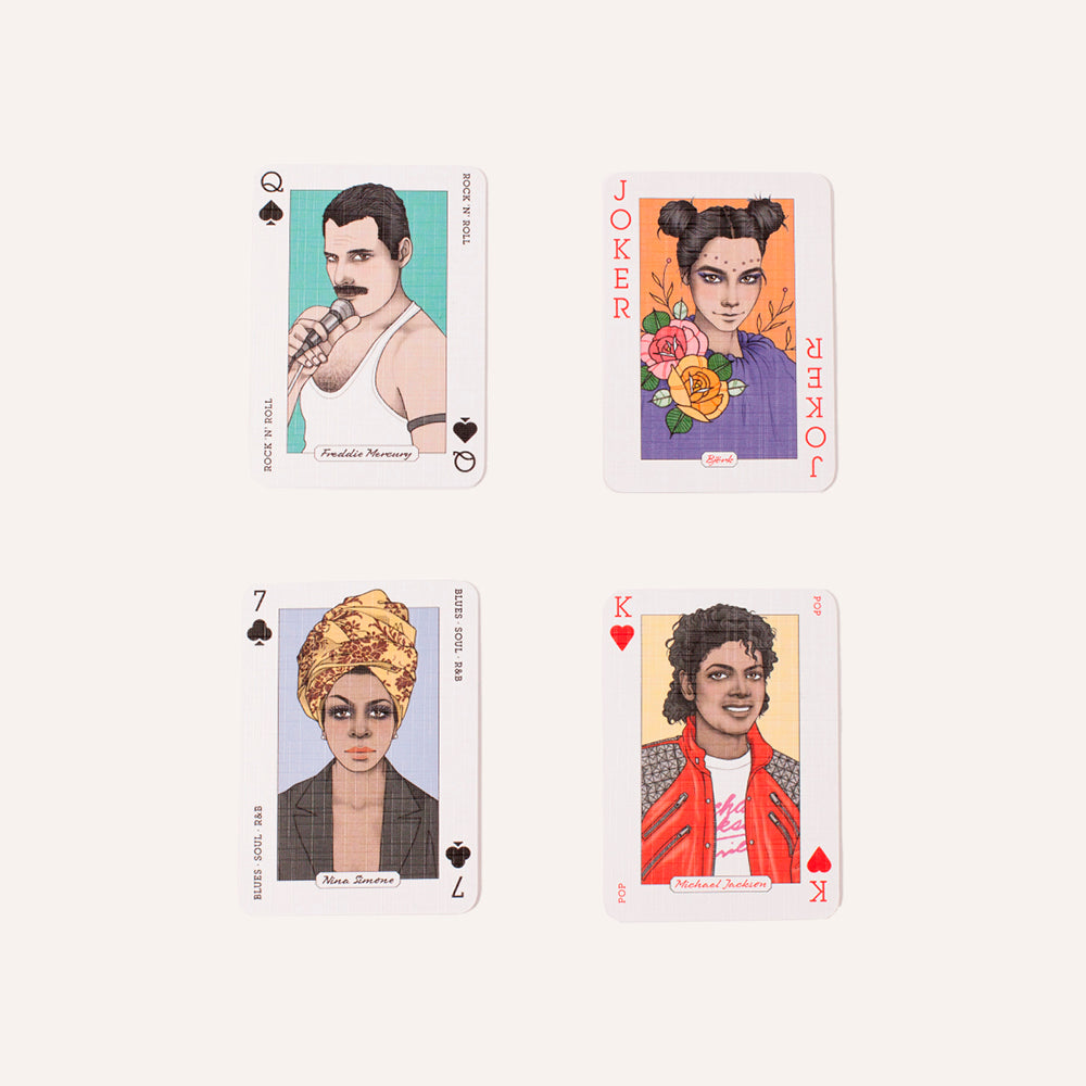 Four playing cards featuring famous people on a white background