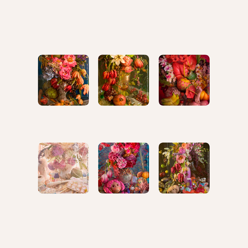 Set of six square coasters with floral and still life designs on a white background