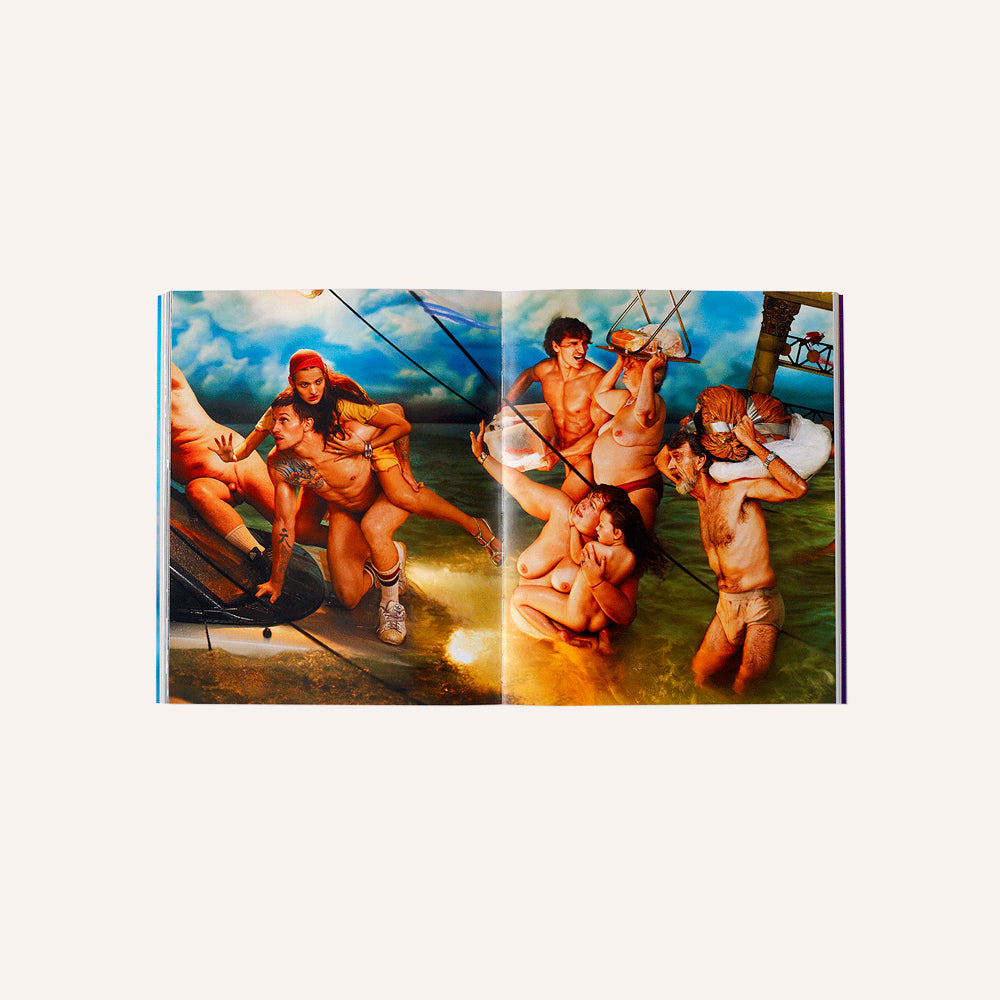 Content for David LaChapelle's book Make Believe showing artistic depiction of people on a boat with a scenic background