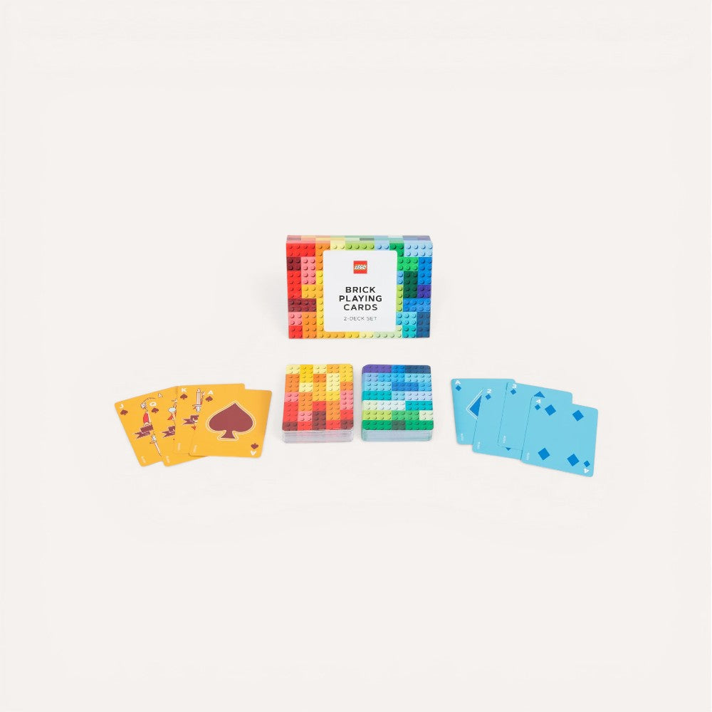Set of colorful playing cards with a box labeled 'LEGO Brick Playing Cards' 
