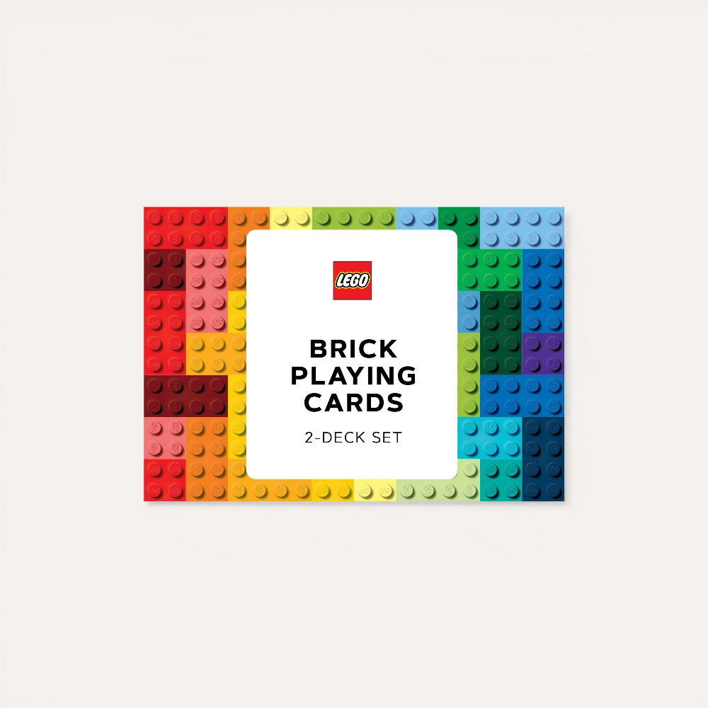 LEGO brick playing cards packaging with colorful bricks and LEGO logo.