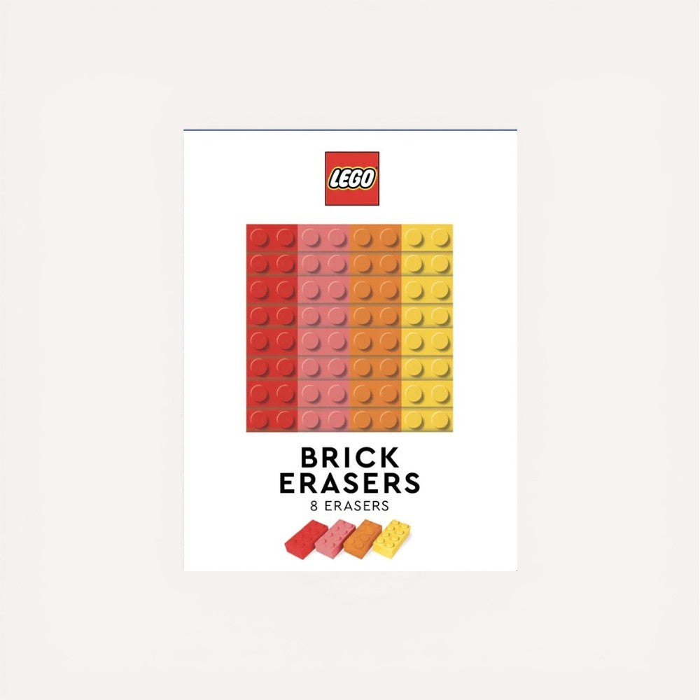 LEGO brick erasers packaging with red, orange, and yellow bricks on a white background.