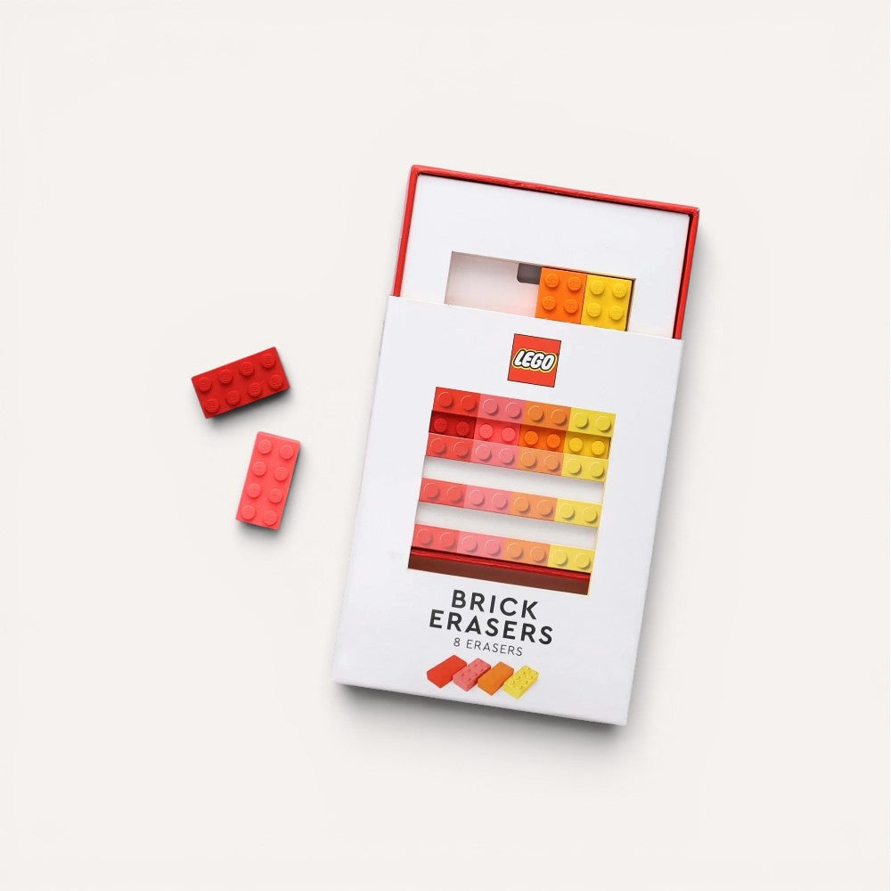 Set of LEGO brick erasers with packaging on a white background