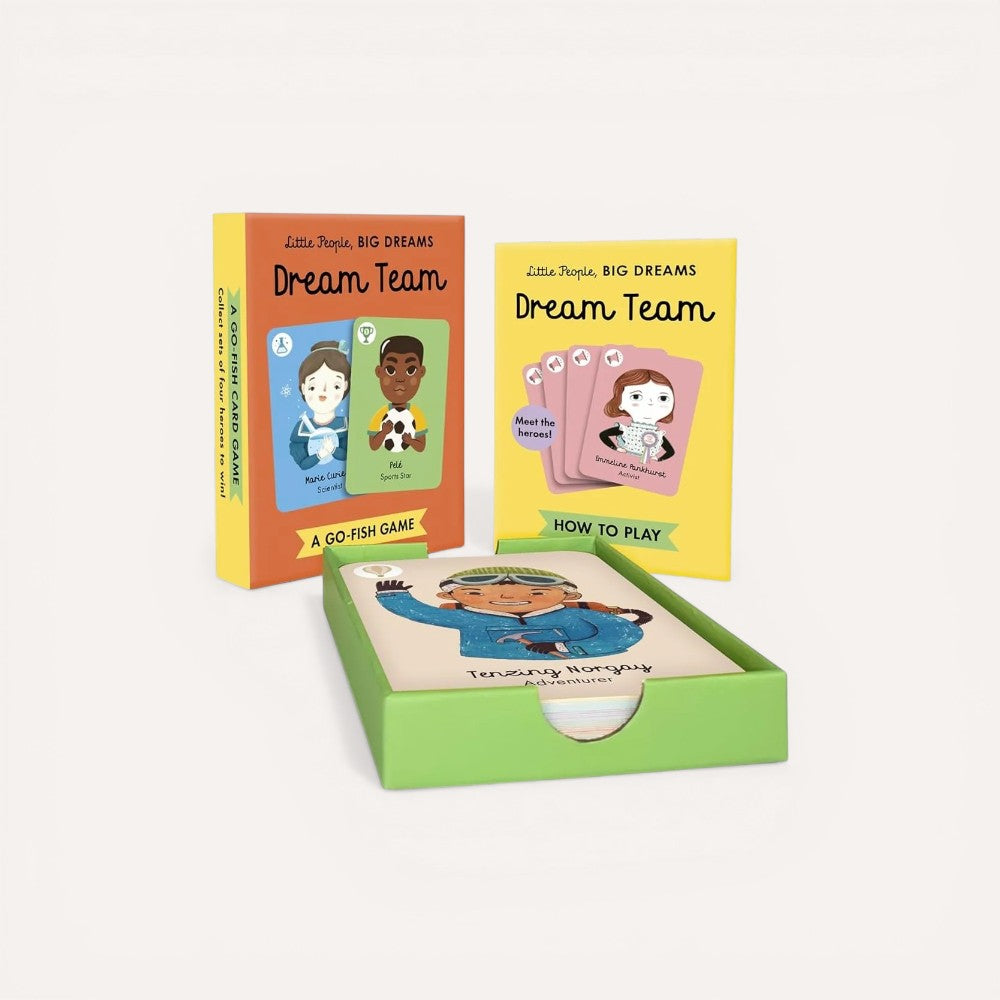 Children's card game set with colorful boxes on a beige background