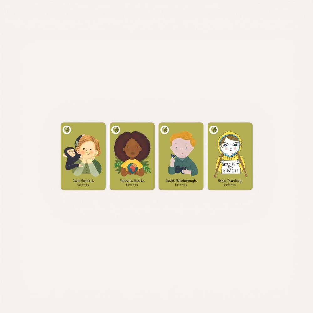Four illustrated cards with characters on a white background
