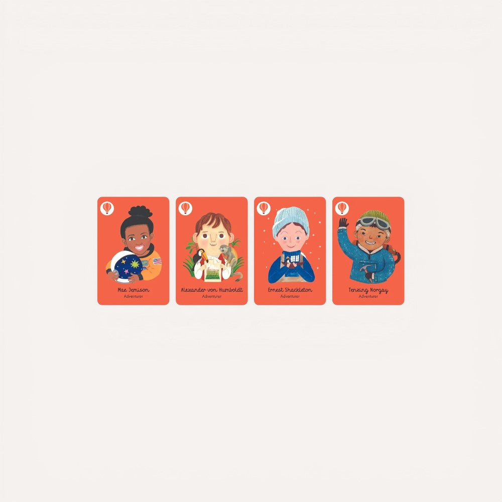 Four colorful cards with illustrated characters on a light gray background