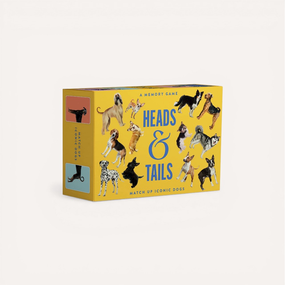 Box of 'Heads & Tails' memory game with dog illustrations.