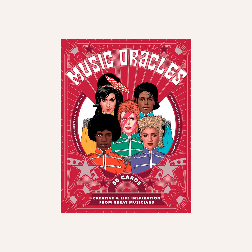 Card deck cover titled 'Music Oracles' with illustrations of four people on a red background.