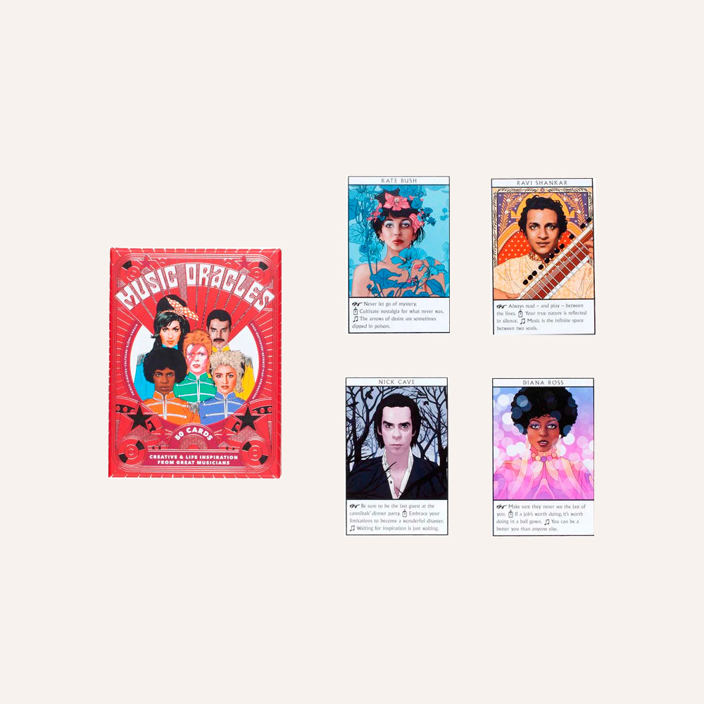 Set of music-themed cards with colorful illustrations on a white background