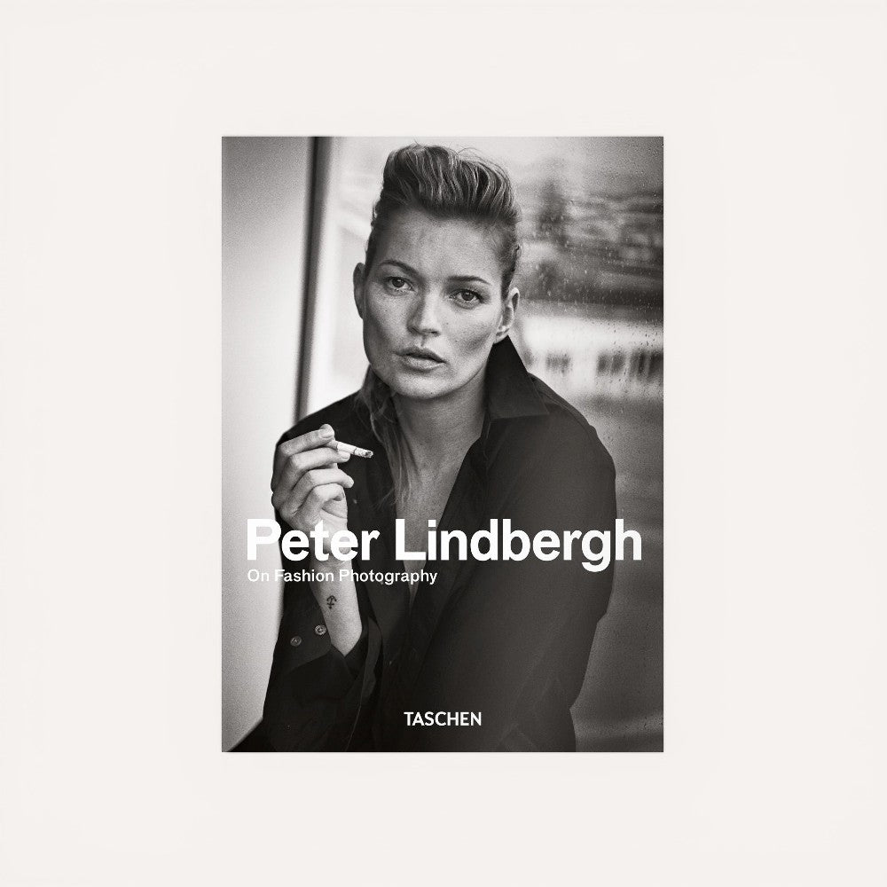 Book cover featuring a black and white photo of a model with 'Peter Lindbergh' and 'Taschen' text.