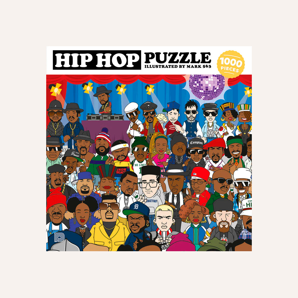 Hip Hop Puzzle packaging with illustrated characters and disco ball on a white background