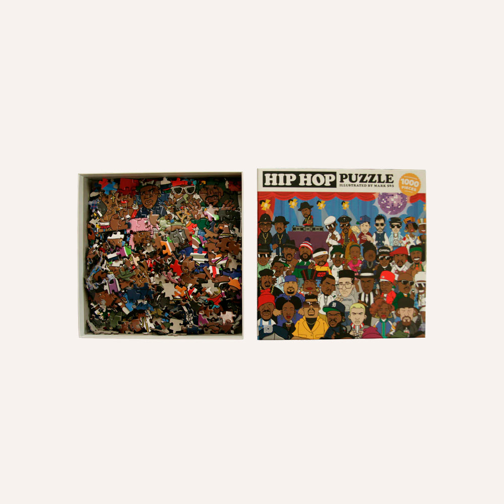 Two sides of the 'Hip Hop Puzzle' boxes with colorful illustrations on a white background