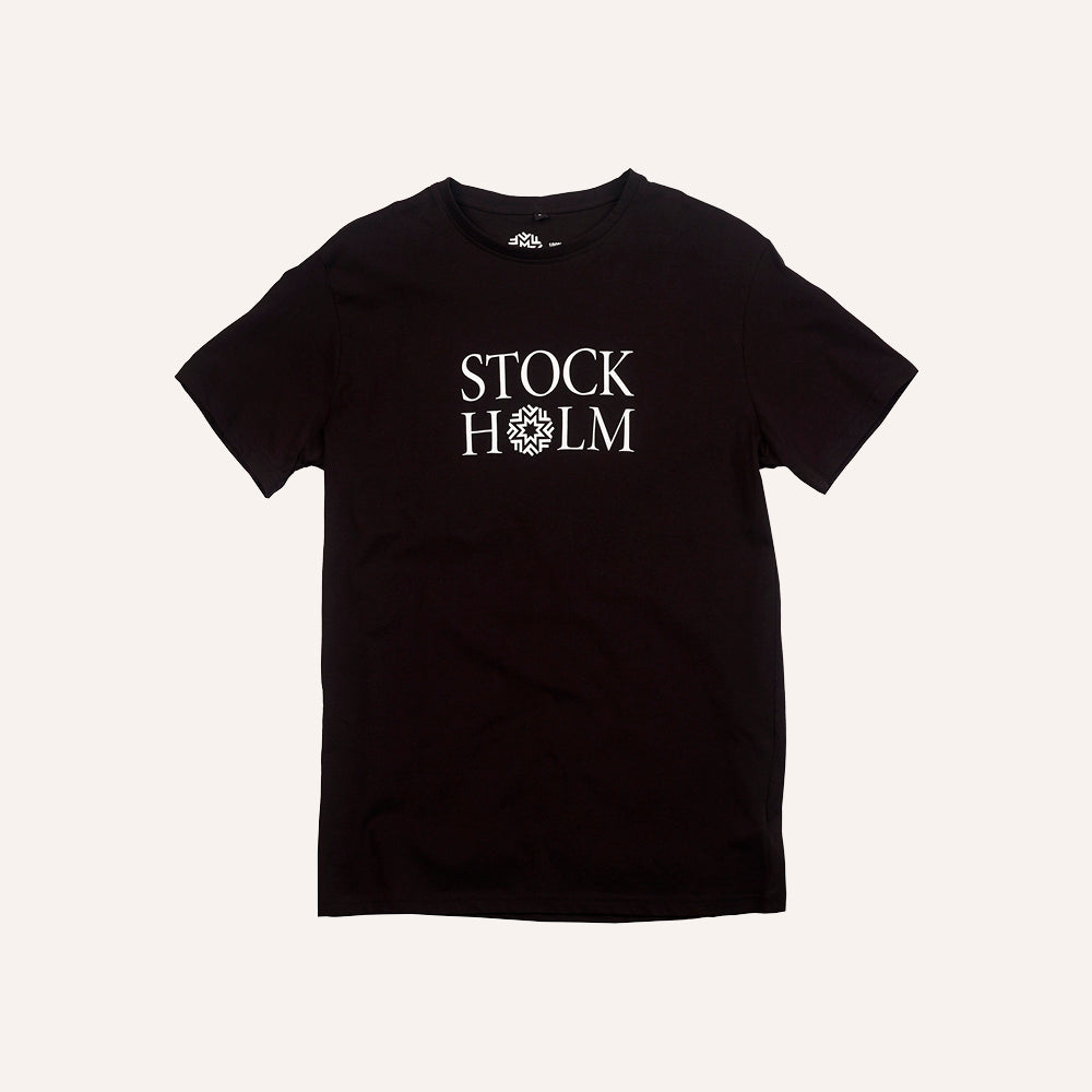 Black t-shirt with 'STOCKHOLM' printed on it against a white background