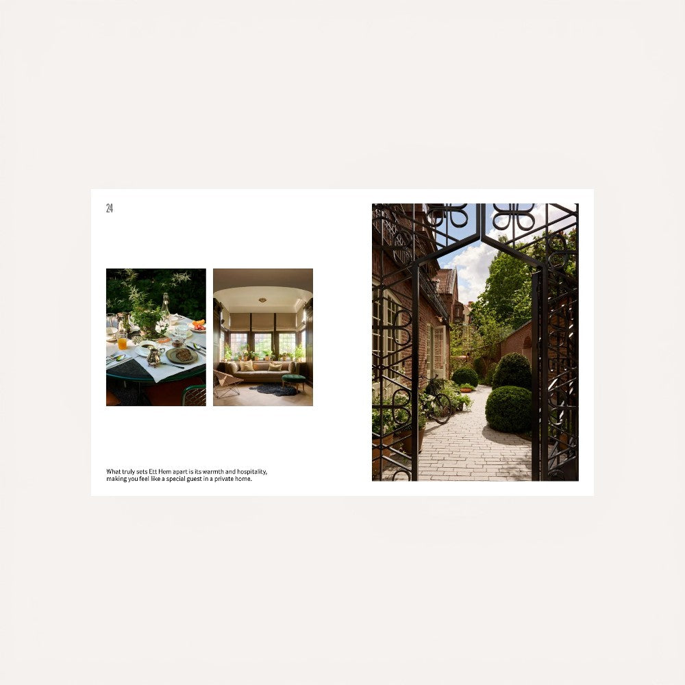 Open book showing a gated entrance to a garden with a house interior and outdoor seating area.