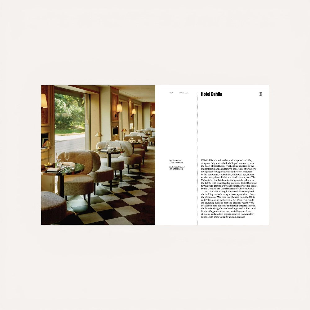 Open book showing a restaurant with checkered floor and seating area, featuring text on the right.