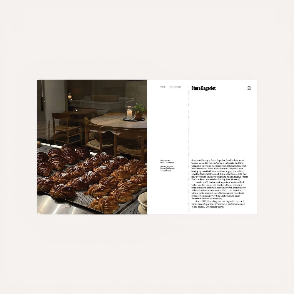 Open book showing a bakery display with pastries and a text on a white background