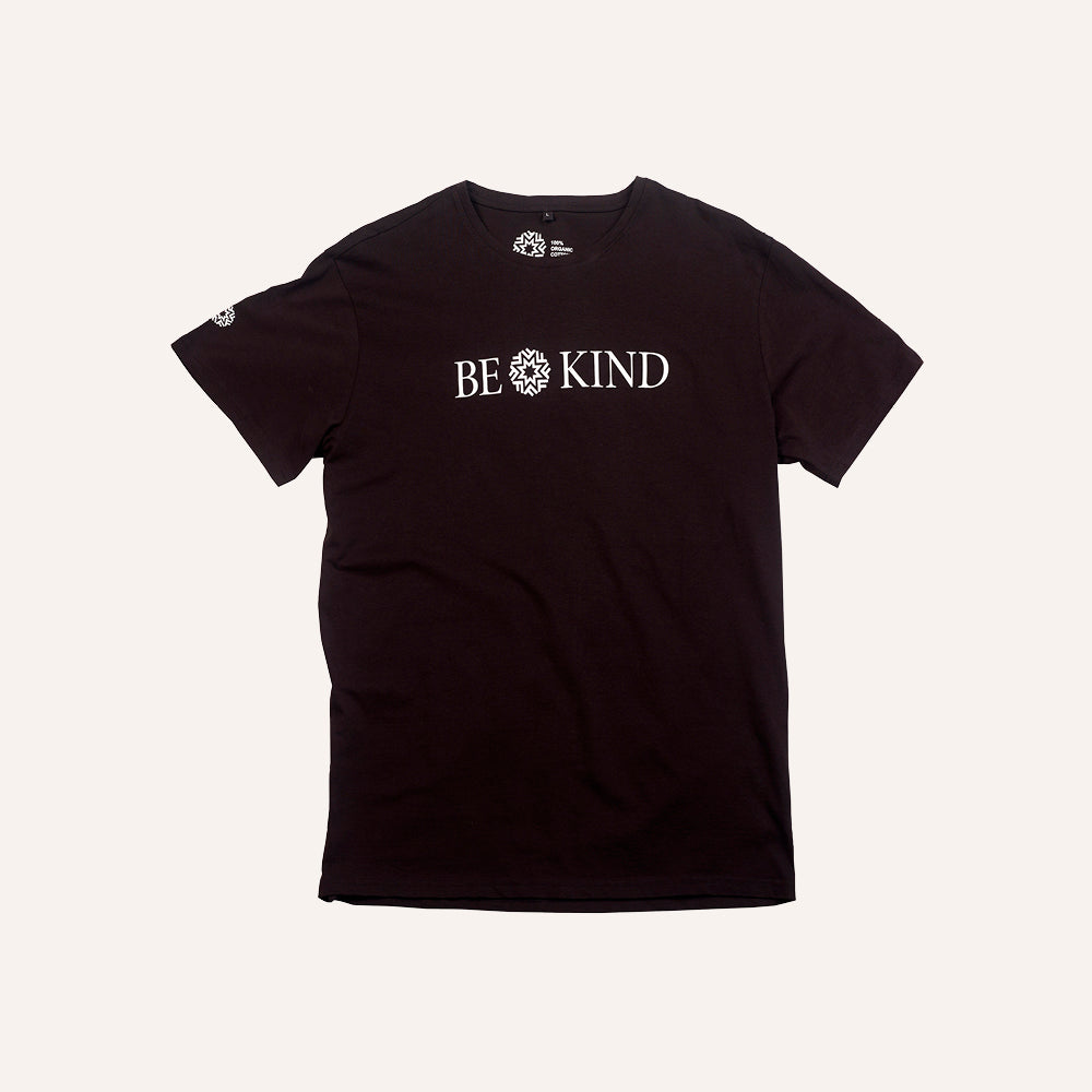 Black t-shirt with 'BE KIND' text on a white background