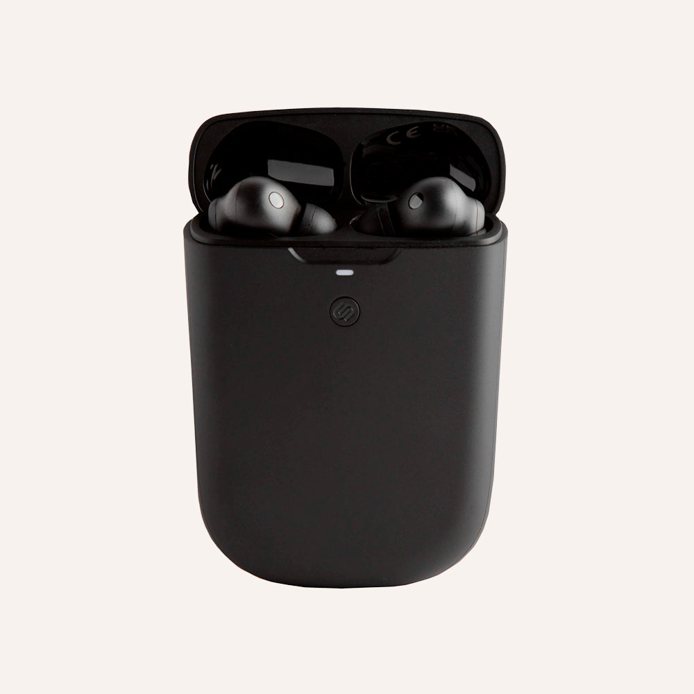 Black wireless earbuds in a charging case on a white background