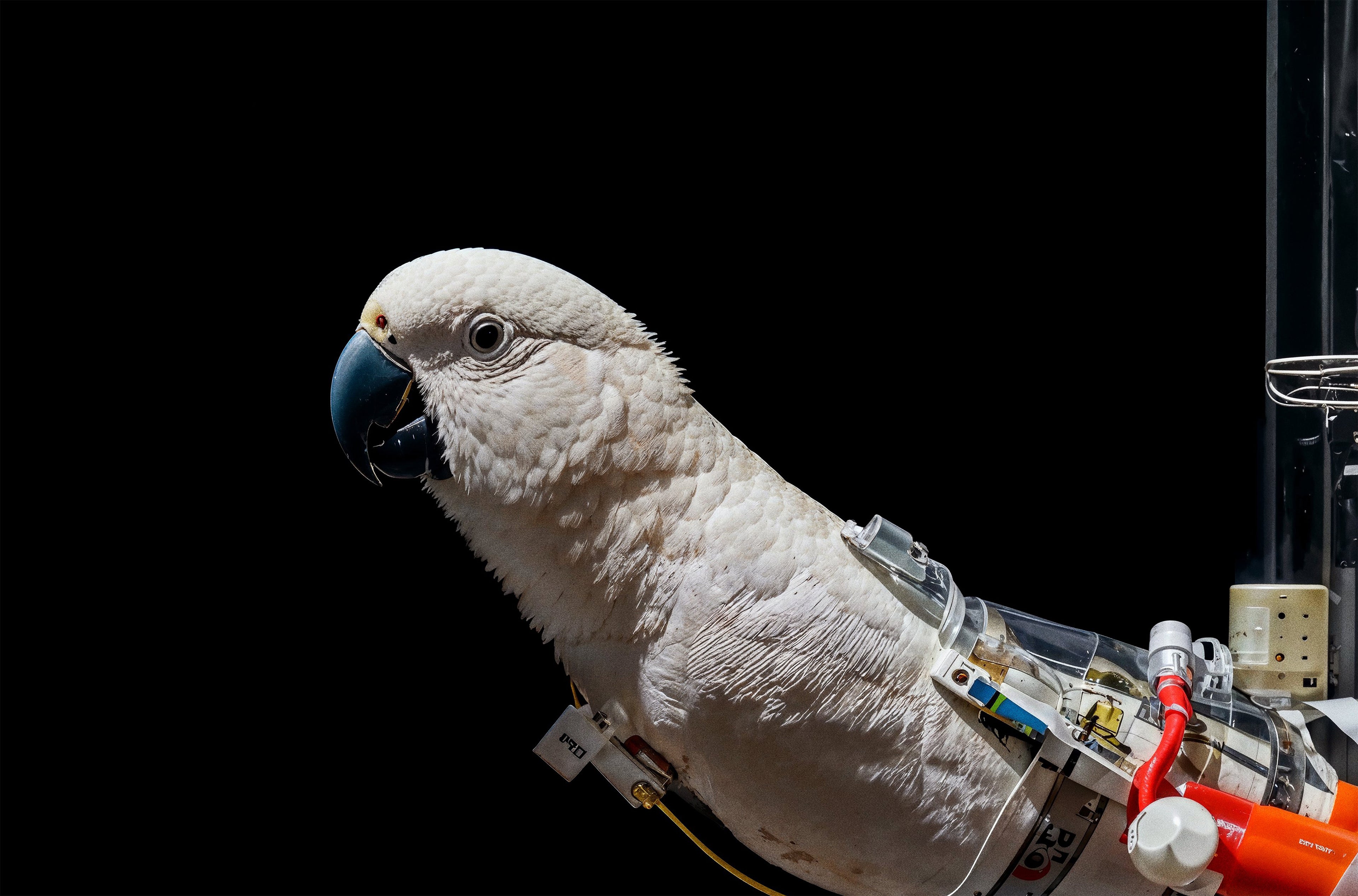 White parrot wearing a spacesuit against a black background