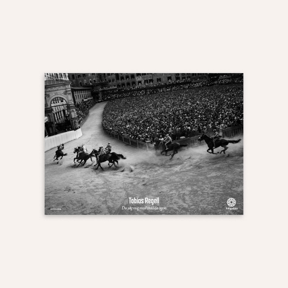 Black and white photo of horse race with spectators in the stands, featuring Tobias Regell branding.