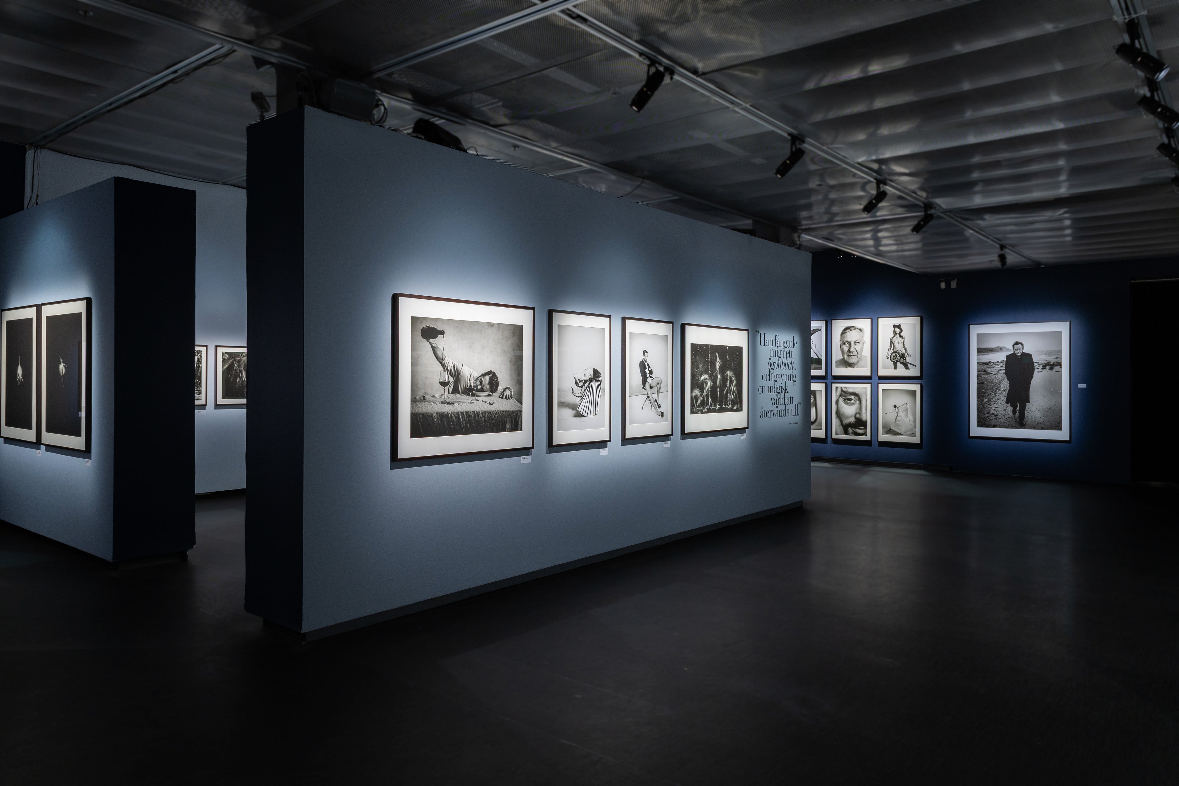 Showing Tobias Regells exhibition with framed photographs on blue walls