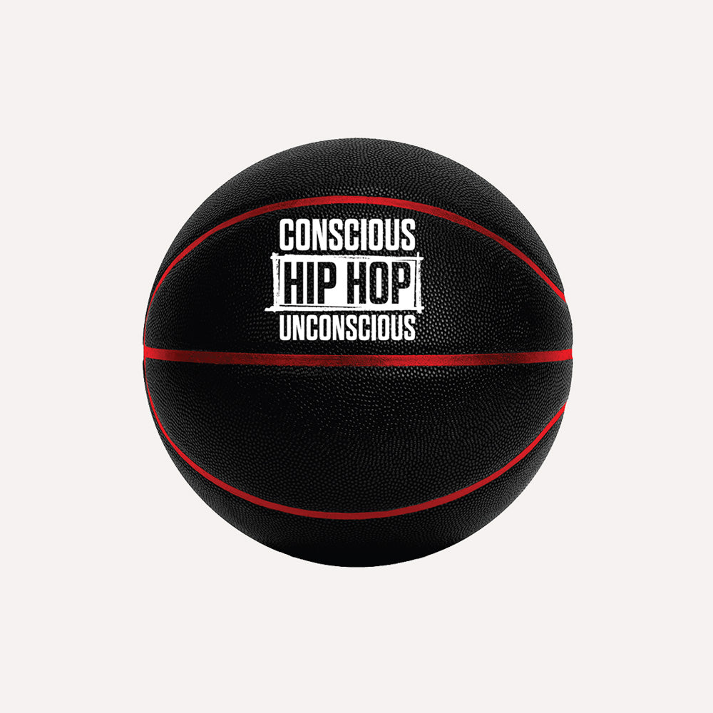 Black basketball with 'Conscious Hip Hop Unconscious' text on a white background