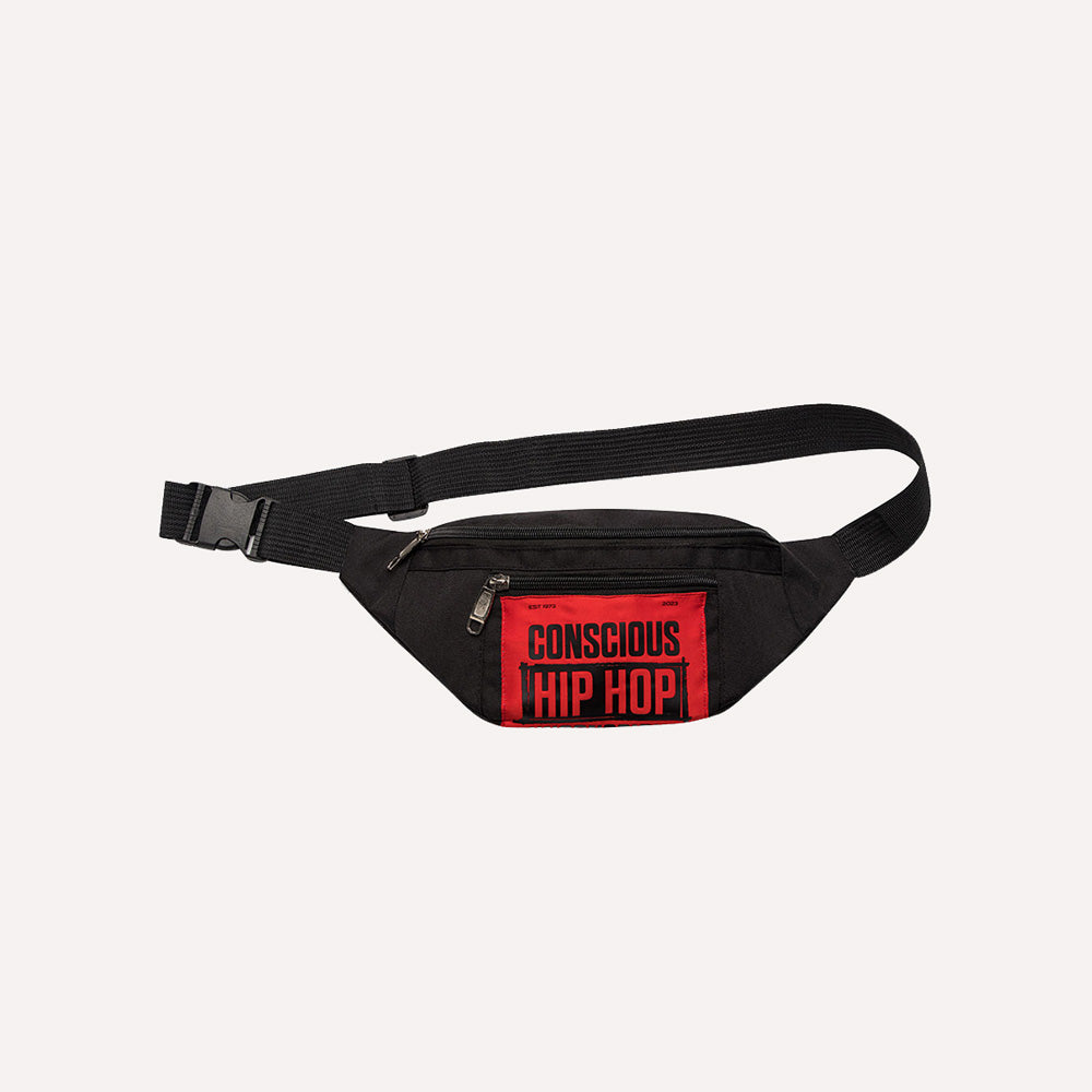 Black waist bag with a red 'conscious hip hop' label 